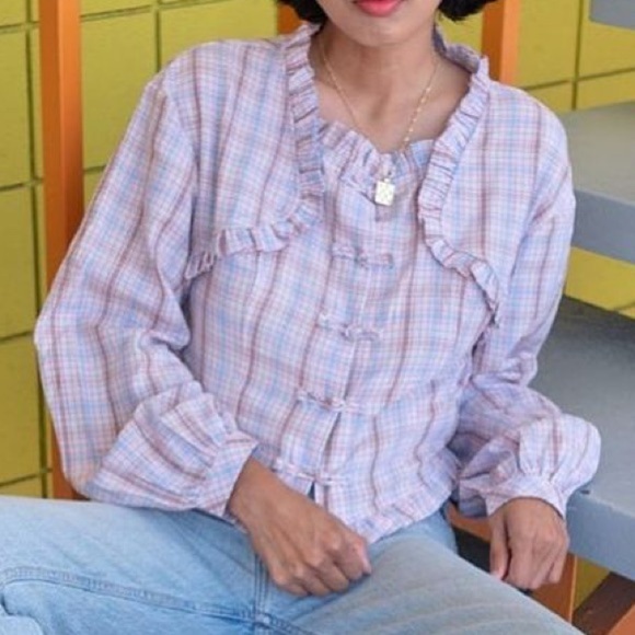 Kina and Tam Plaid & Prejudice Blouse Sz M Coquette Ruffle Romantic Regency Pink - Picture 3 of 16